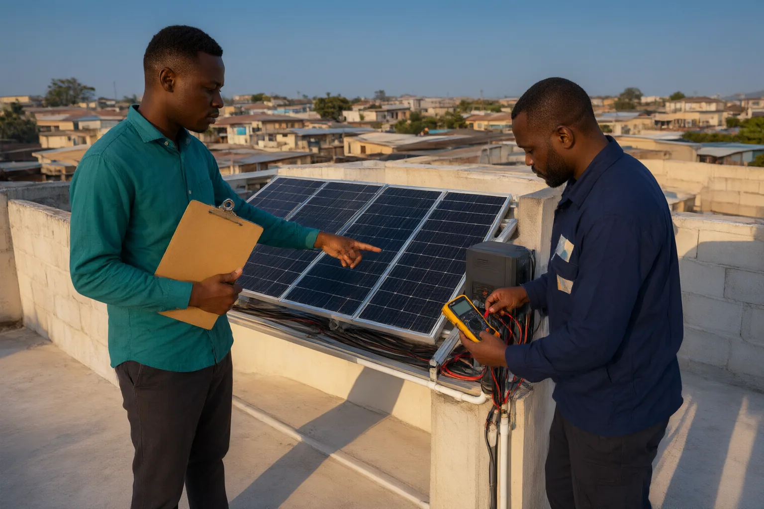 Editorial scene showing practical next steps for Solar Equipment in a Nigerian Rental: How Tenants and Landlords Can Agree on Ownership, Maintenance, and Removal