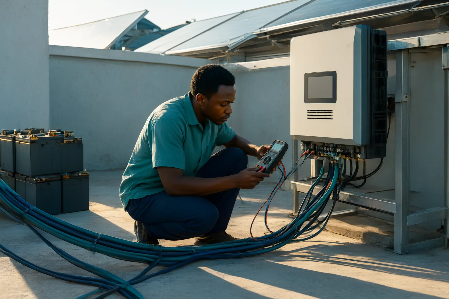 Editorial scene showing practical next steps for Solar Inverter Shutting Down or Showing a Fault Code? What Nigerian Consumers Should Check