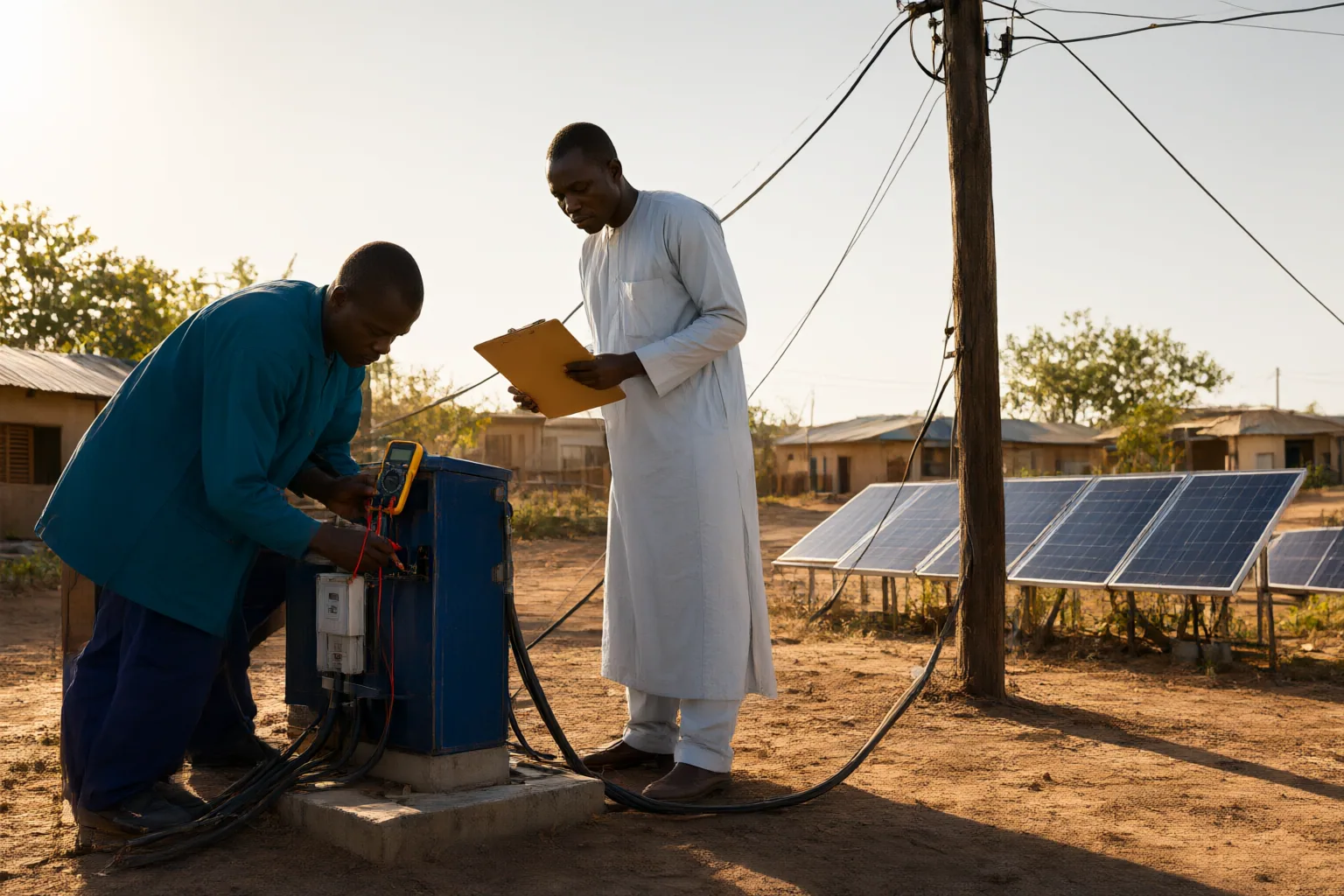 Editorial scene showing practical next steps for What Nigerian Mini-Grid Developers and Communities Should Verify About Permits, Tariffs, Consumer Protections, and Grid